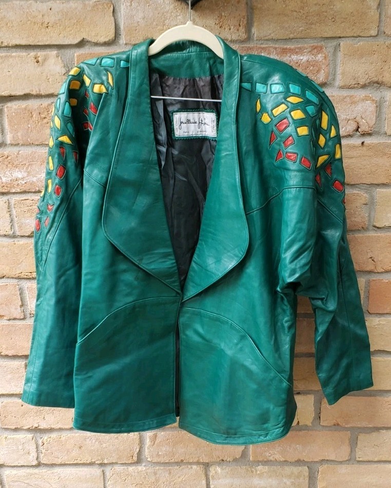 VTG 80s Jean Claude Jitrois Green Leather Jacket Sz 42 Designer Art FLAWS