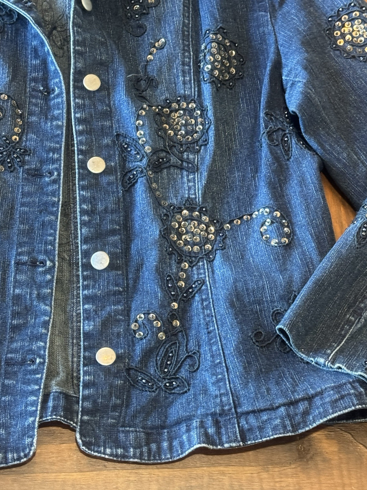 VTG Flashback jacket blue denim beaded sequin button jean pockets Medium