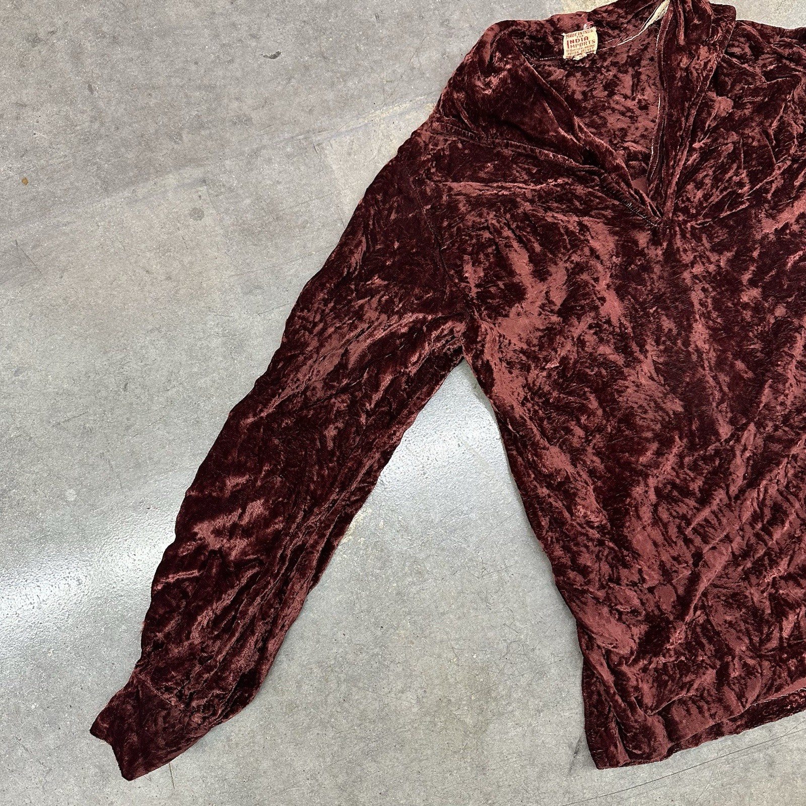 Vintage 1960s 70s India Imports Crushed Rayon Velvet Pullover Shirt Open Collar