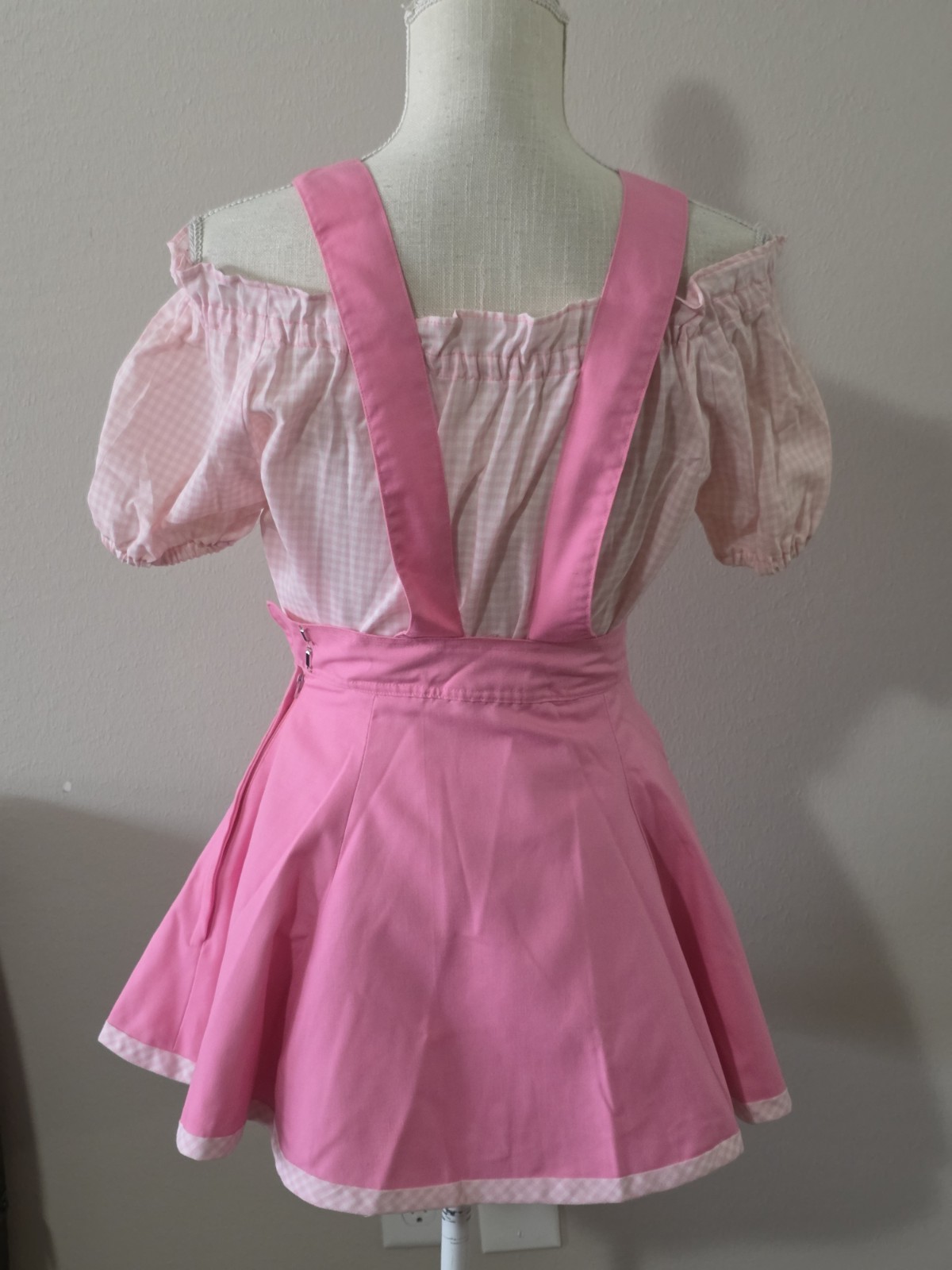 Vintage 70s Overall Dress Outfit Size 0 XS Pink Gingham Peasant Blouse Teens