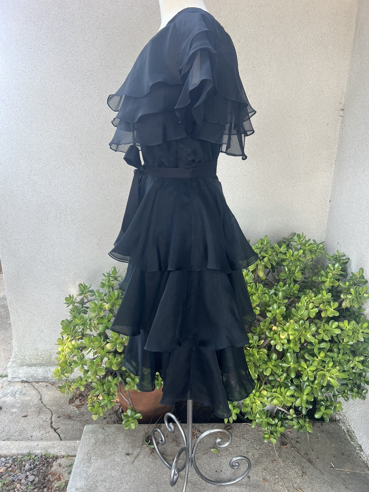 Vtg Black Chiffon Dress Cocktail Midi Tiered Sz 8 Jill Richards