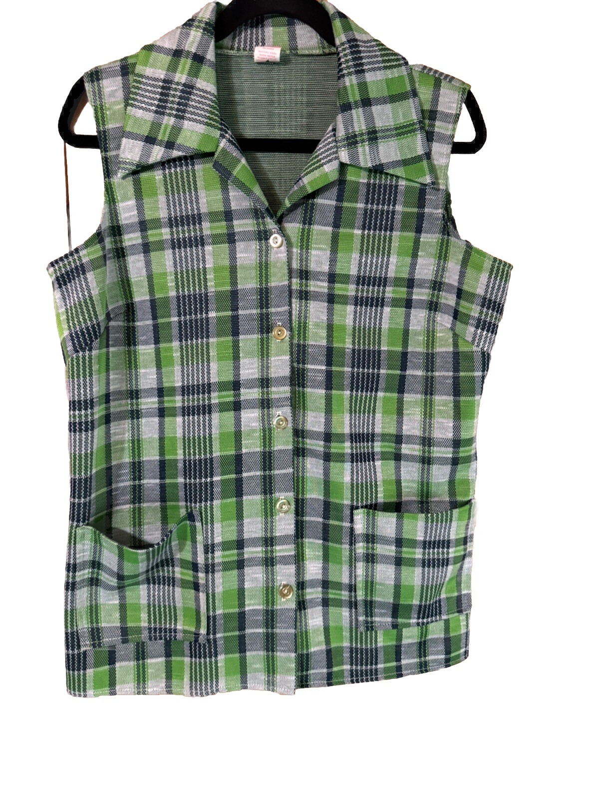 1970s Green Plaid Button Up Vest Shirt W/pockets M/L Nerd Secretary Librarian