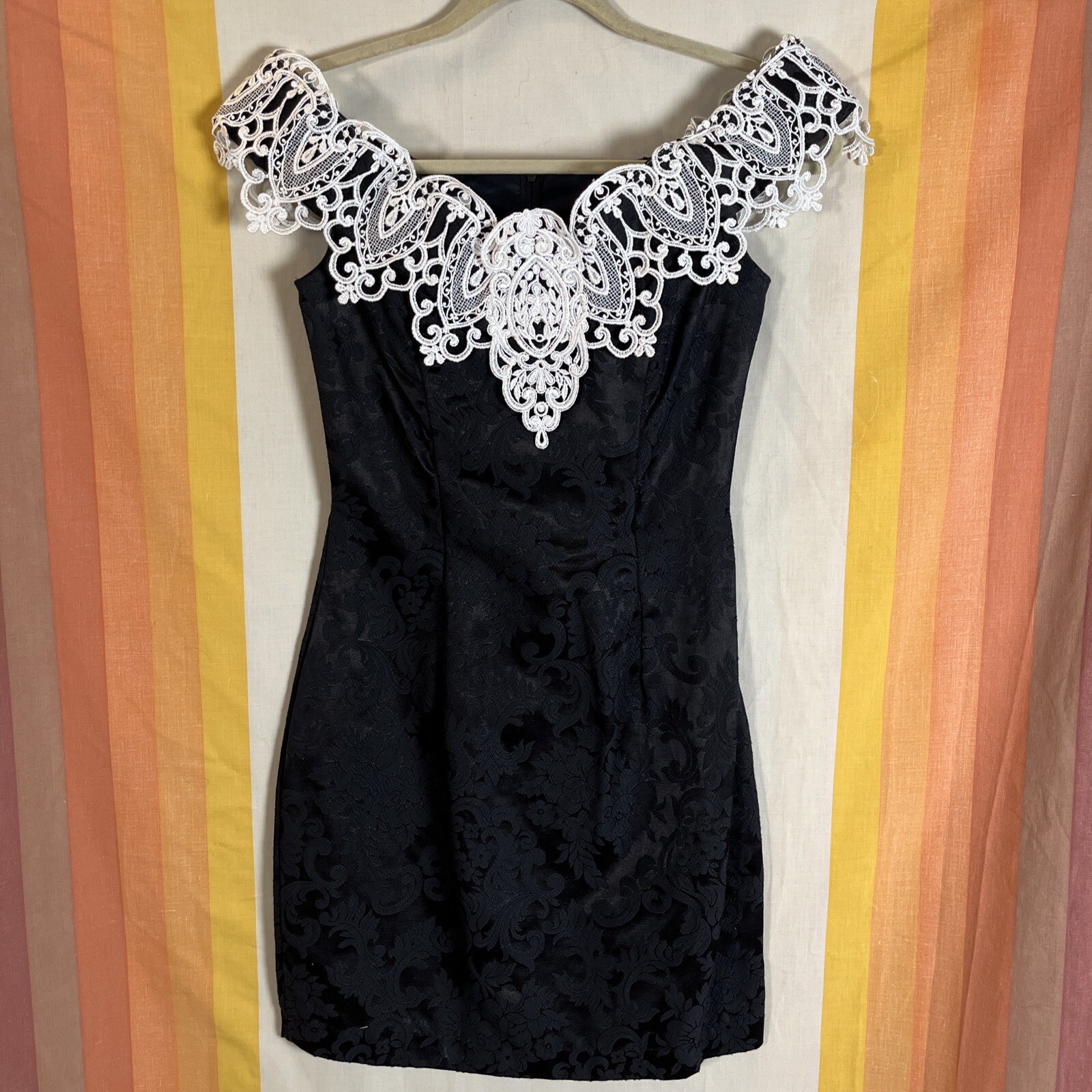 Vintage Jessica Mcclintock Gunne Sax Black Mini Dress White Lace Women’s Sz 5/6