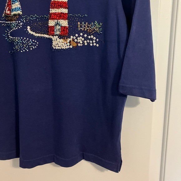 Vintage Quacker Factory Top Womens XS Blue Beaded Sequins Lighthouse Nautical