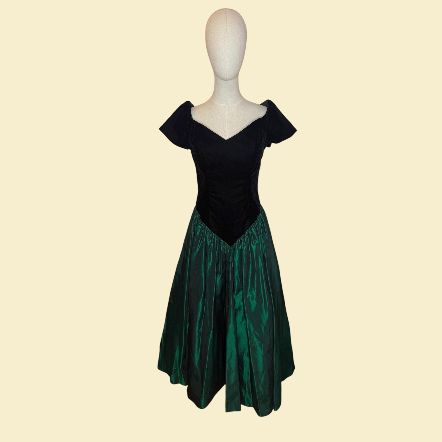 Vintage Loralie Dress Black Velvet Emerald Taffeta-Like Skirt Estimated US 6