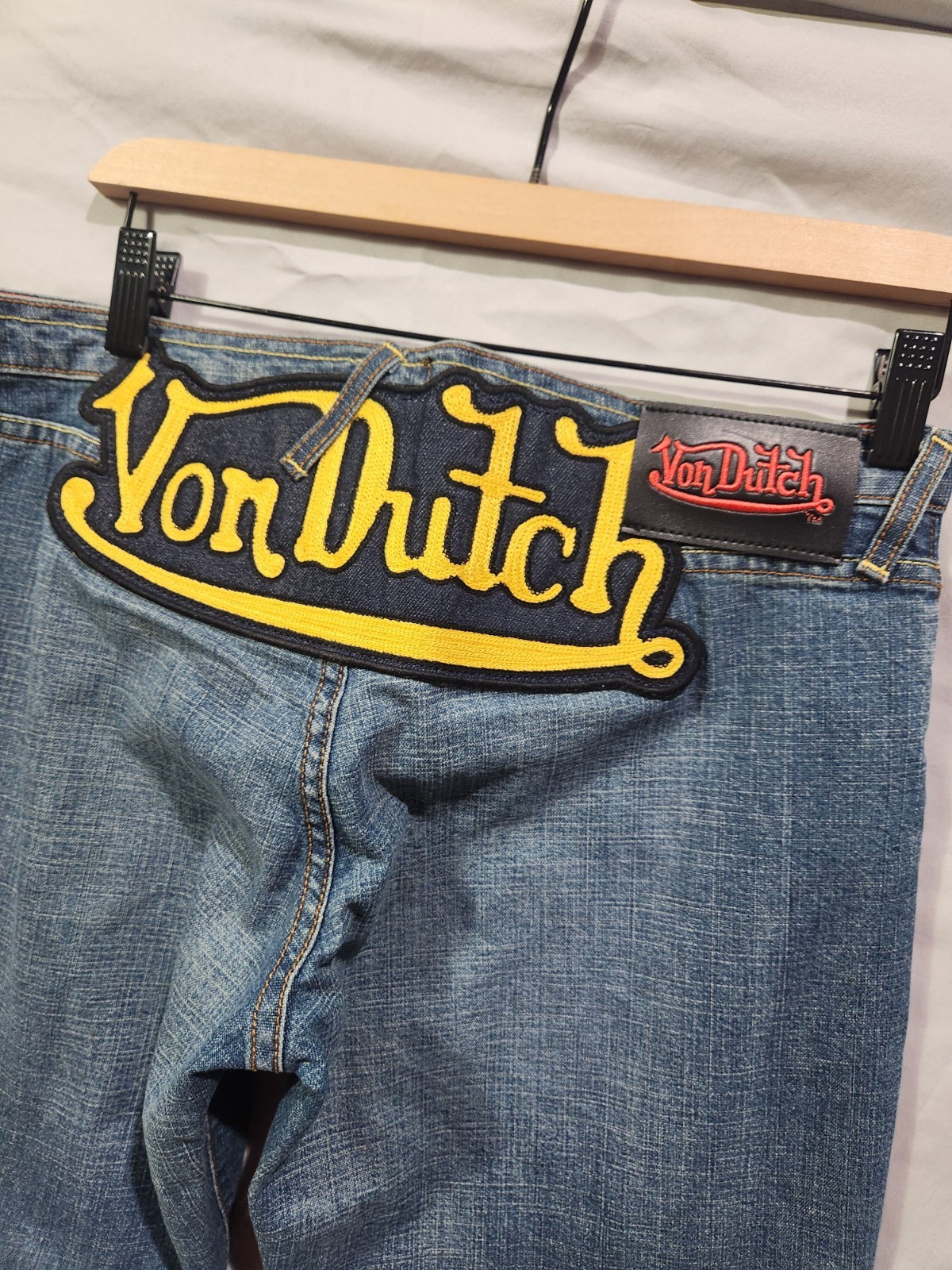RARE Von Dutch Angelina Patch Jeans Womens 30 Blue NEW Y2K Flared Wide Leg MINT