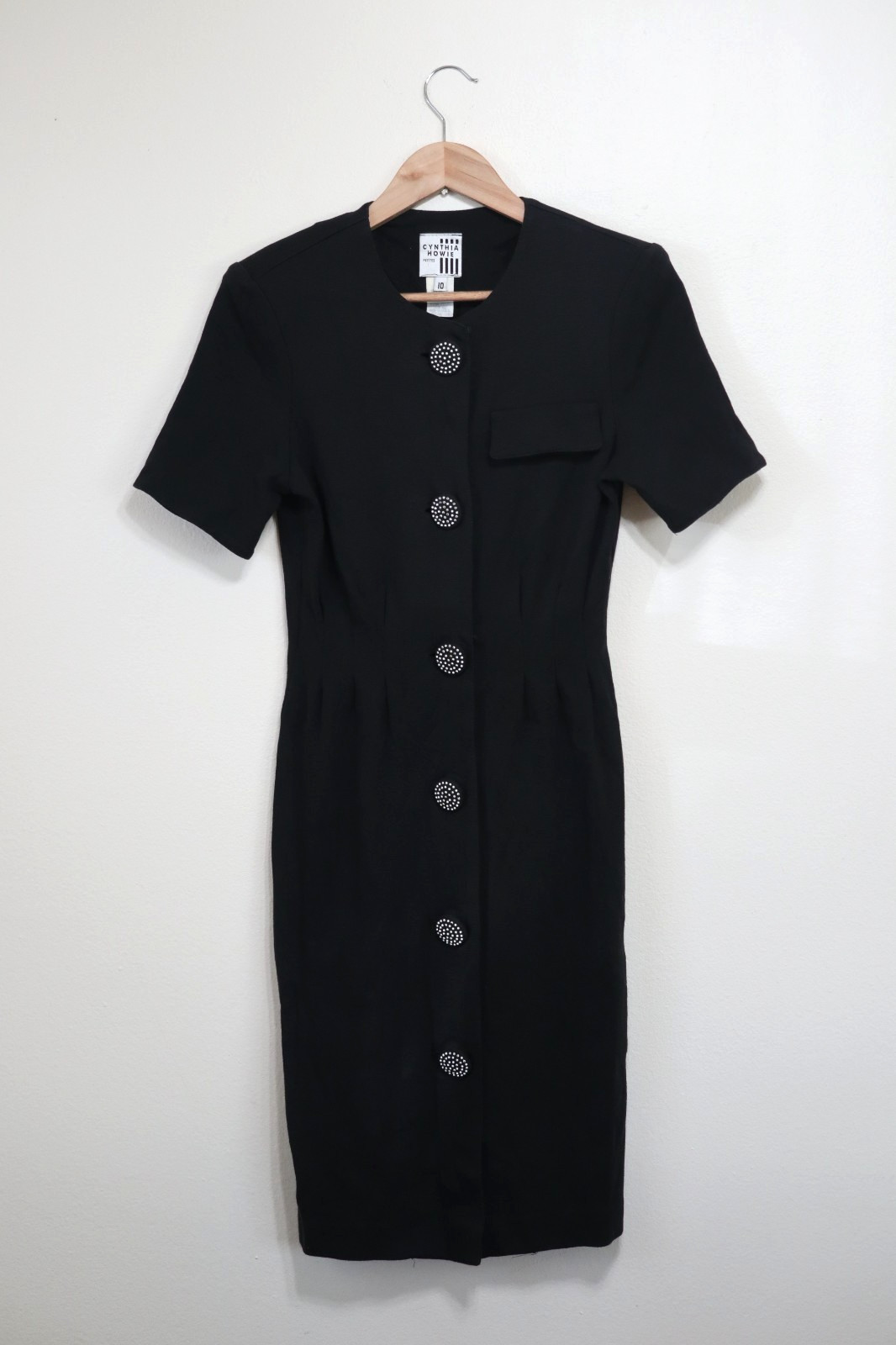 90s Vintage Cynthia Howie Black Knit Jersey Big Buttons Sheath Dress Women XS S