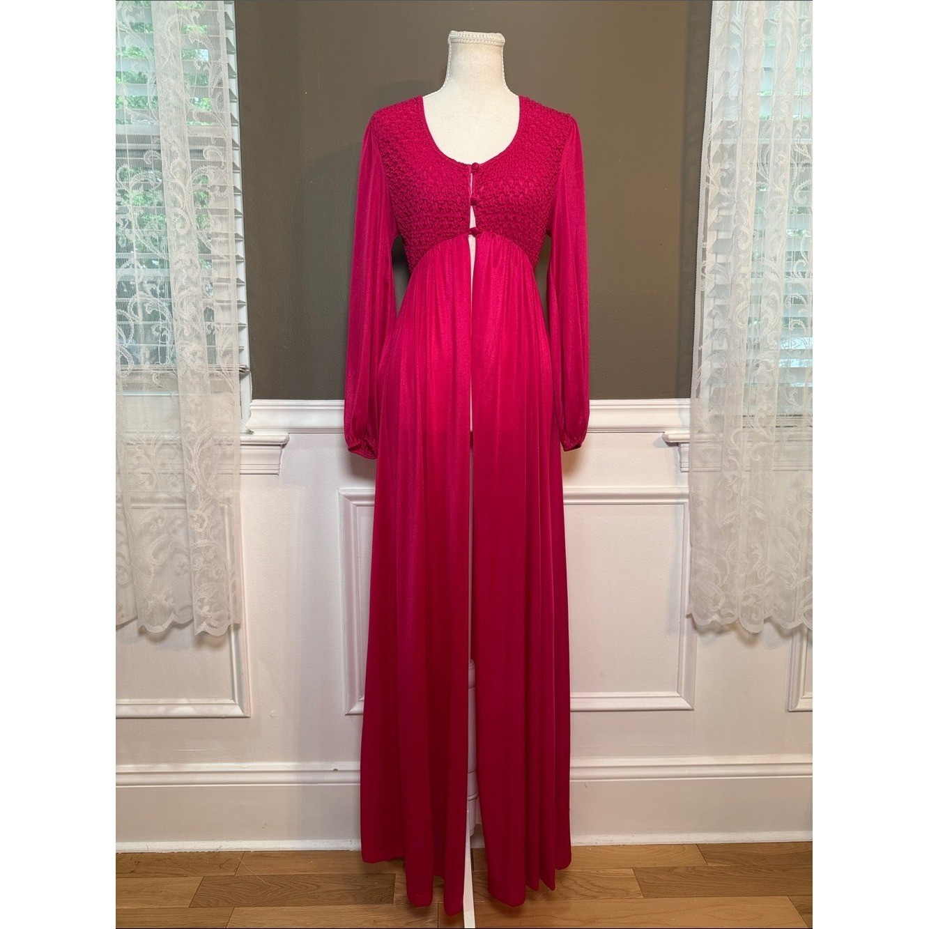 Vintage 70s Kayser Fuchsia Peignoir Lounge Robe Maxi S