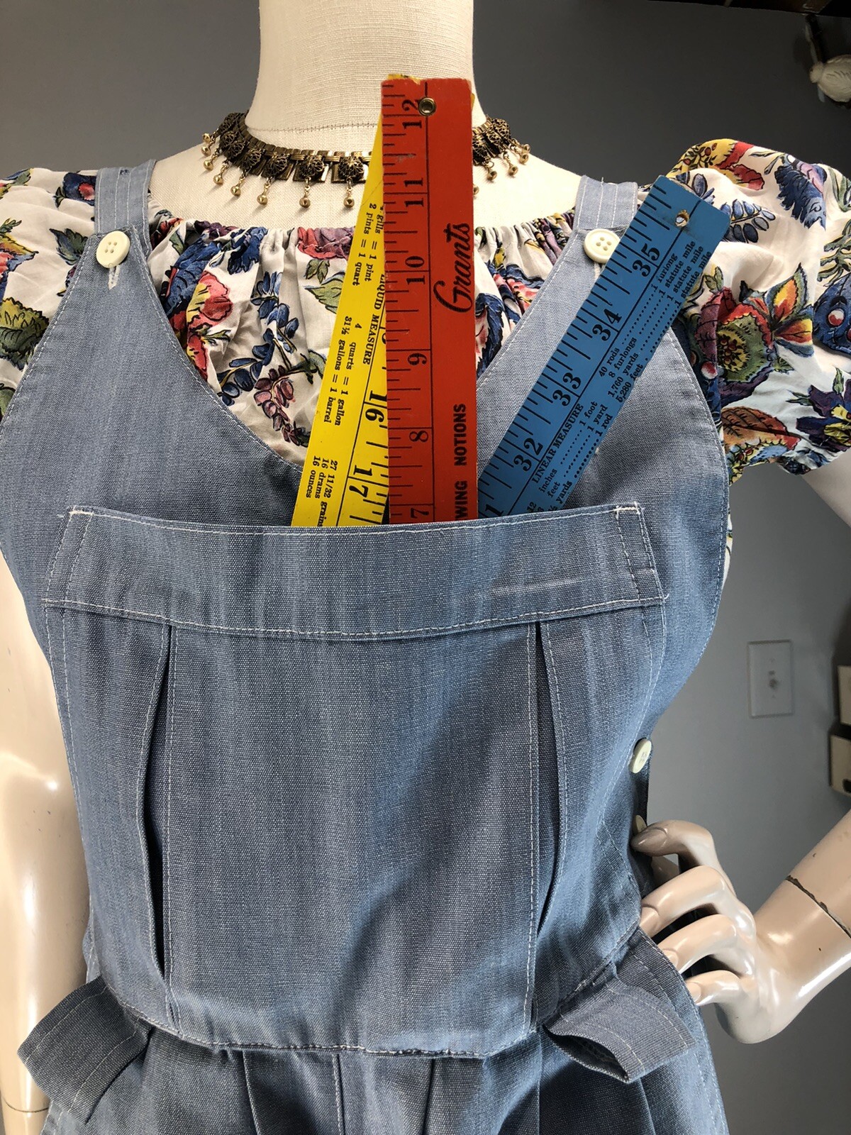Vtg 70s Denim Jumpsuit Chambray Overalls Gauchos duz 40s Wide Leg M M-L 31 waist