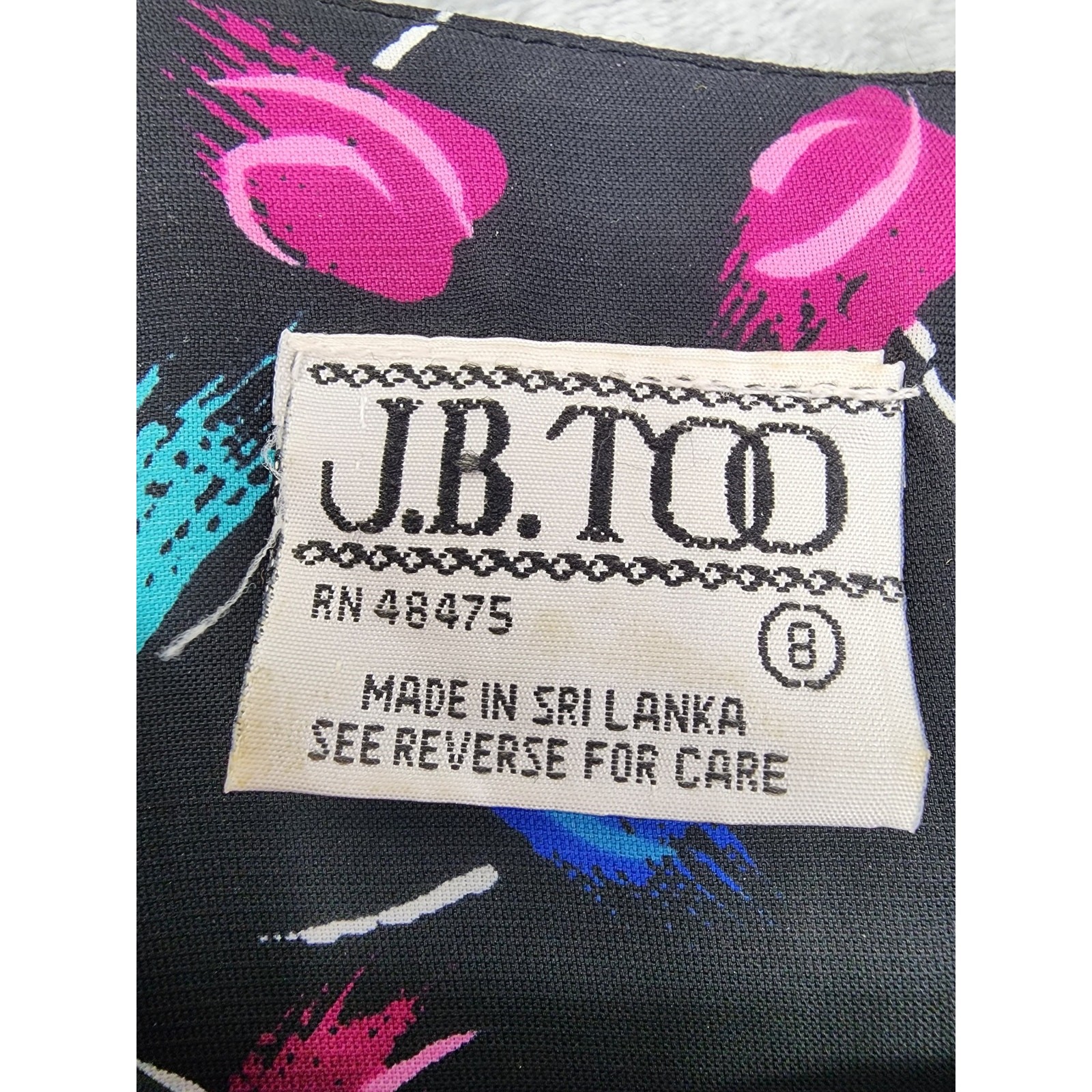 Vintage 80s JB Too Abstract Floral Blouson Pleated Day Dress Size 8 Black Pink
