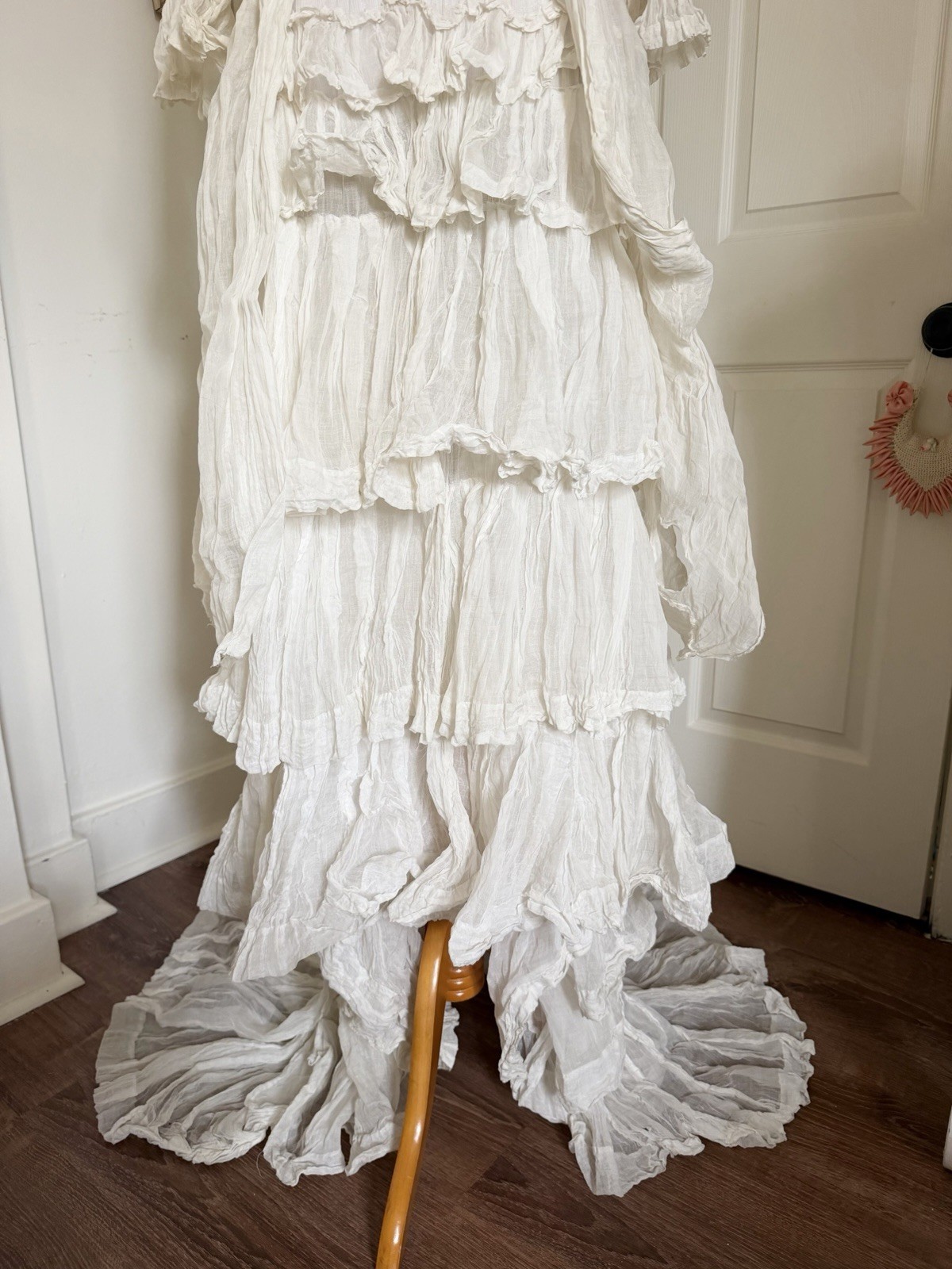 Antique 1880s Victorian White Bustle Ensemble with Jacket Bodice & Ruffle Skirt