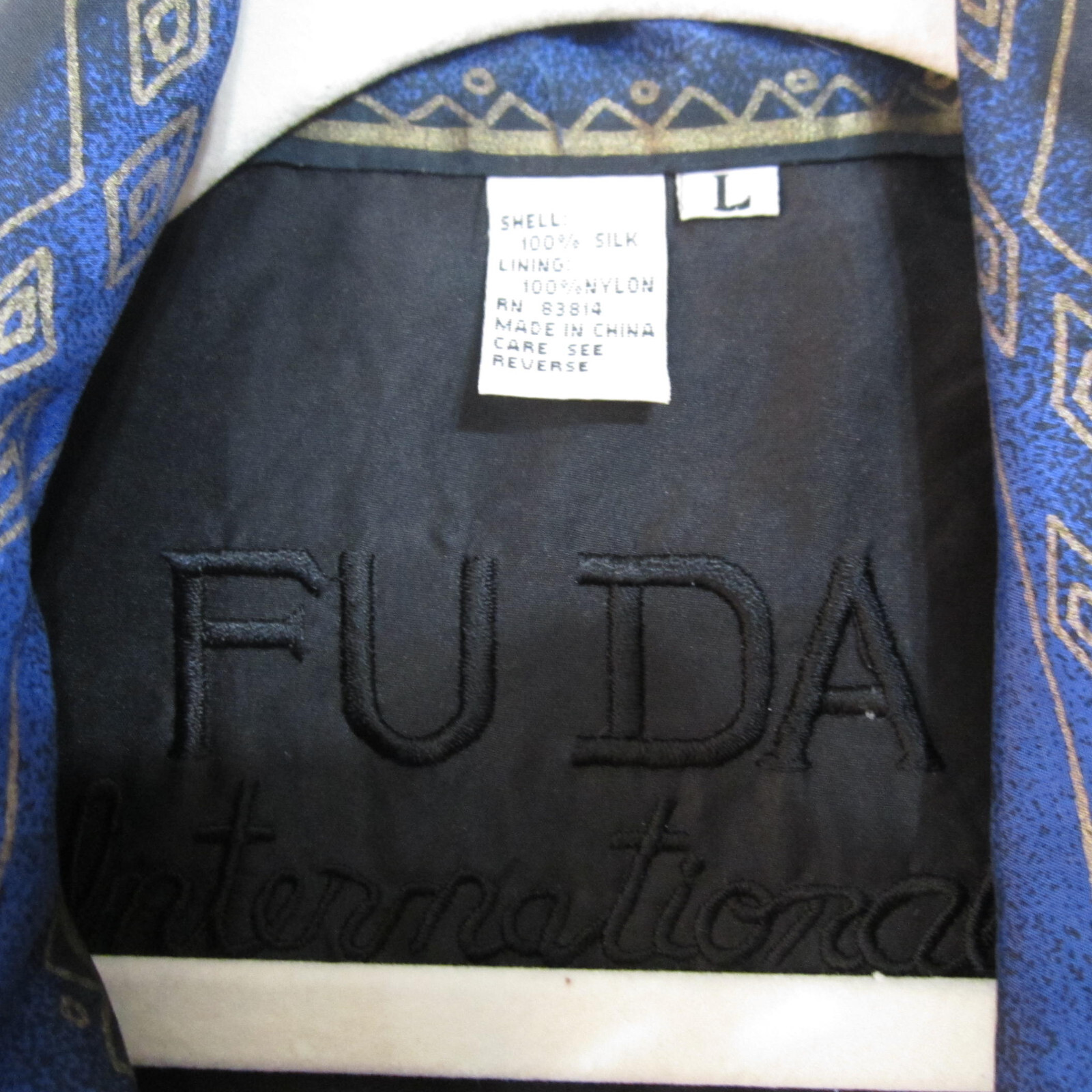 Fuda Int’l Size Large 100% Silk Bomber Jacket Blue/Black/Gold Geometric Print