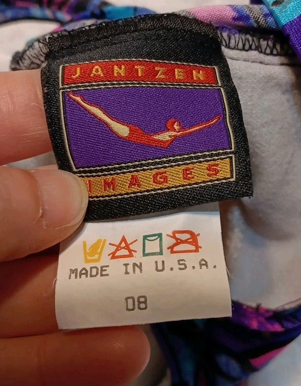 Vtg Jantzen One-Piece Swimsuit, Size 8, Colorful 80s Design, USA, Teal, Purple