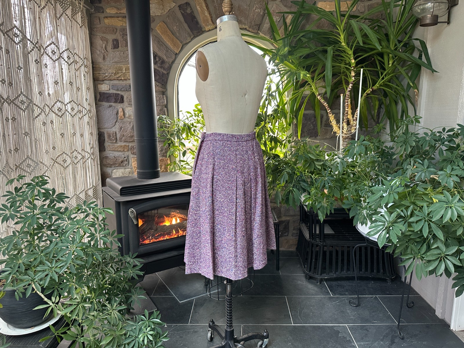 Vintage 1970s Purple and White Tweed Pleated Skirt Country Set