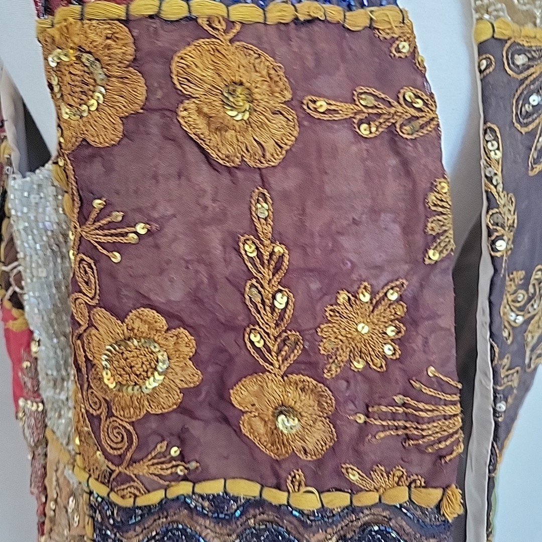 Vintage Beaded Patchwork Open Front Vest Sz O/S Hippie Boho Bohemian Cottage 90s