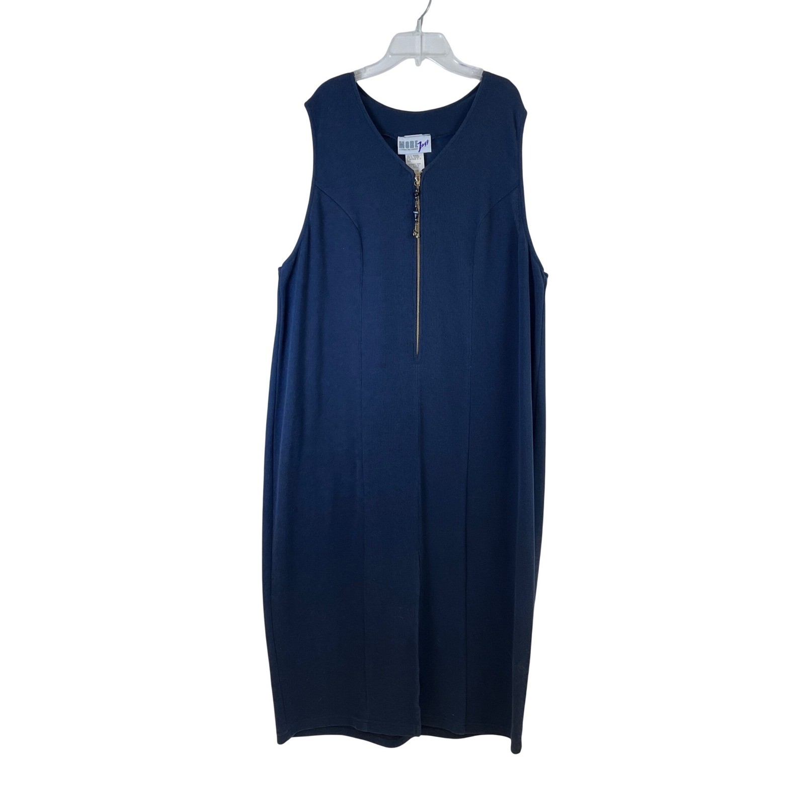 Vtg More Jazz Navy Blue Ribbed Sleeveless Half Zip Sheath Dress Size 22 Preppy