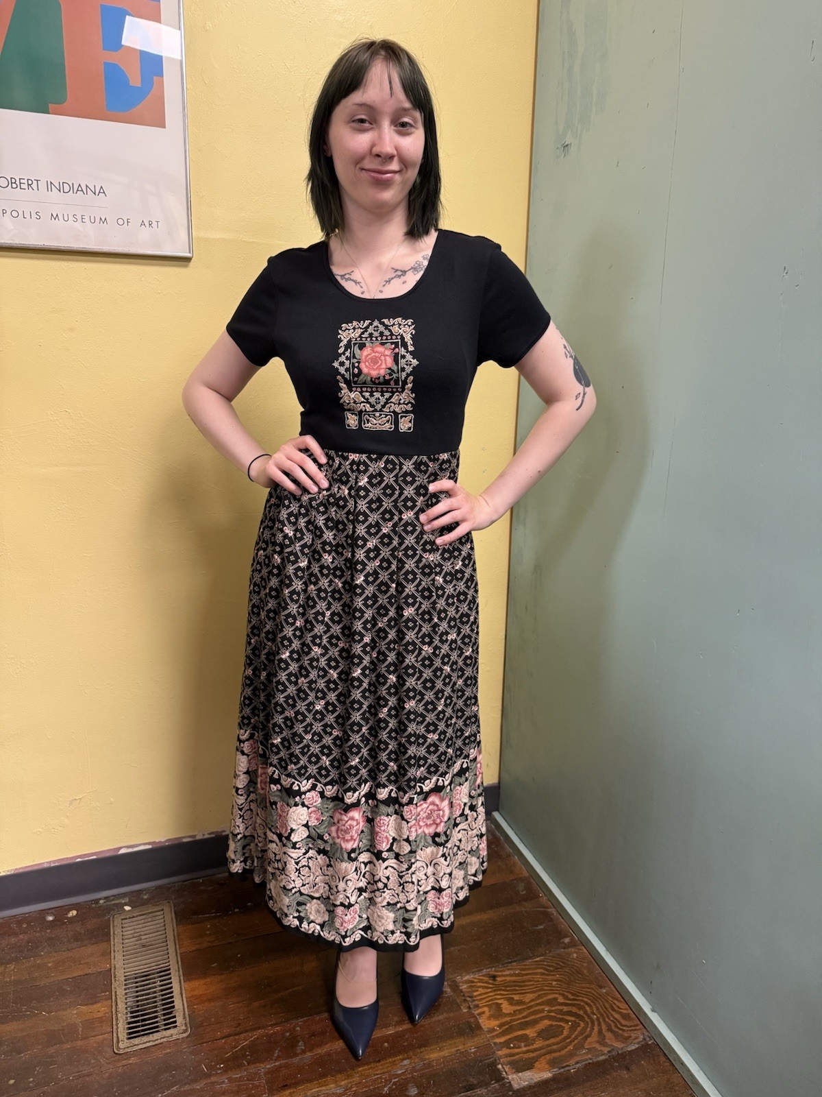 Vintage 90s Just In Thyme Ltd. Black Floral Maxi Dress Size 8