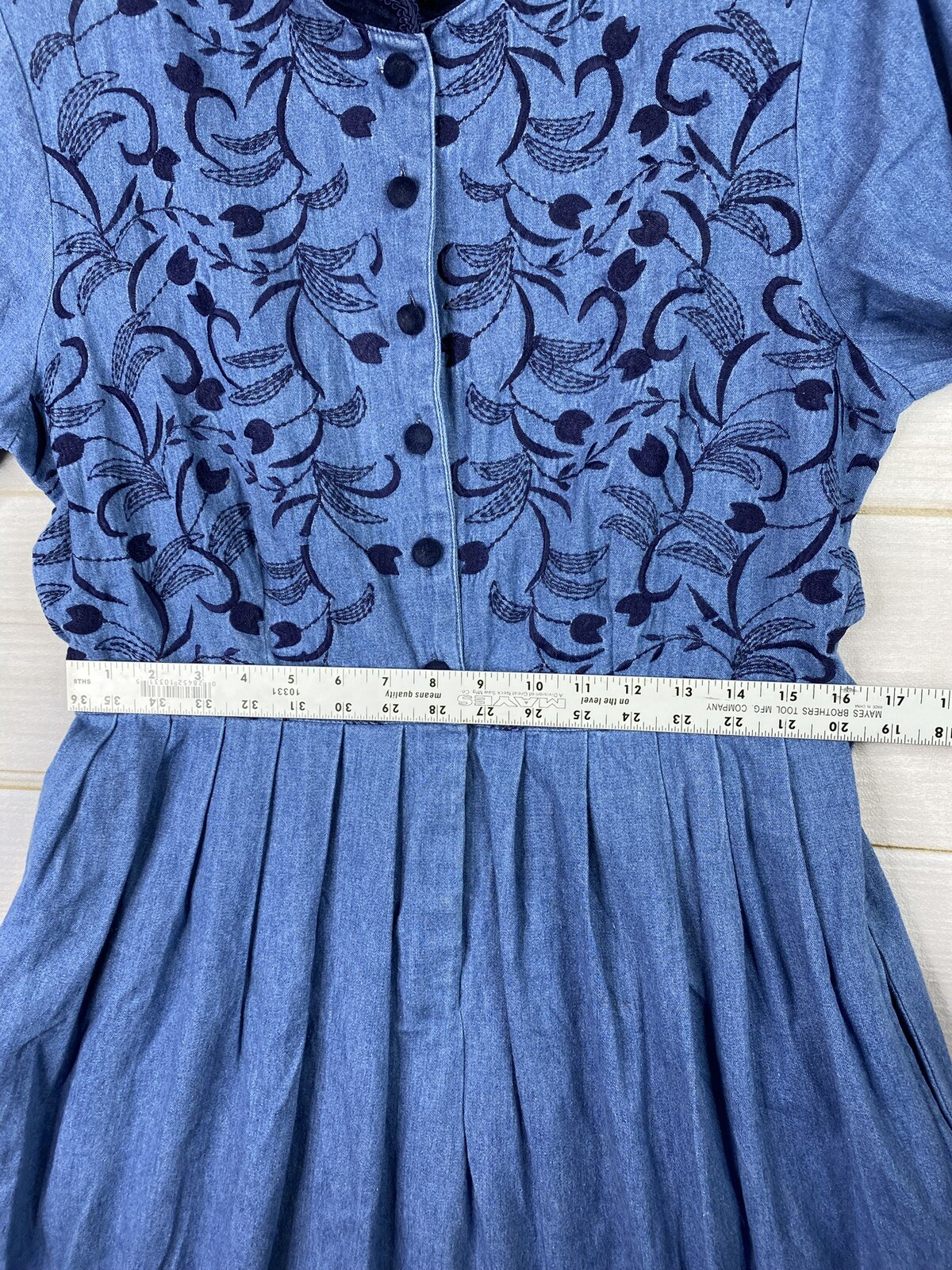 Vtg Country Wear Clothing Co Denim Dress Sz 12 Velvet Embroidered Cottagecore