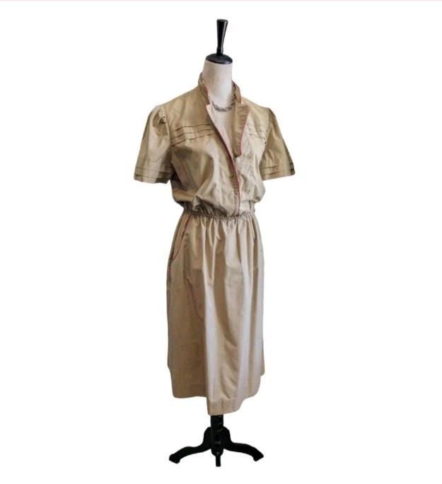 70s Safari Dress Womens Medium Beige Short Sleeve Utility Belted Vintage