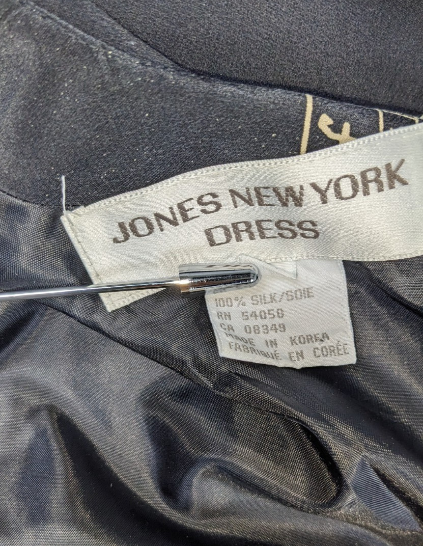 Celestial Silk Dress Jones New York. Black/Gold Sun, Moon 1990s Size 14 Sheath