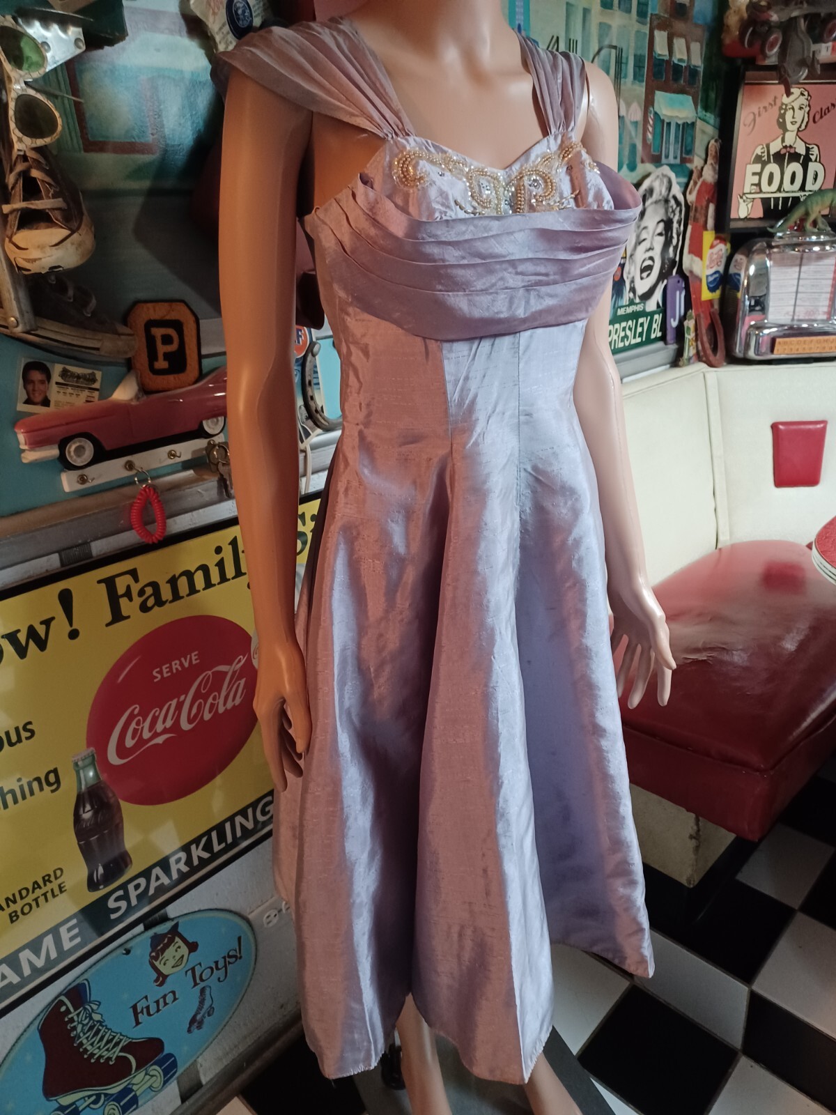True VTG Mid-century 1940s 1950s Iridescent Satin Cocktail Prom Dress Art Deco S