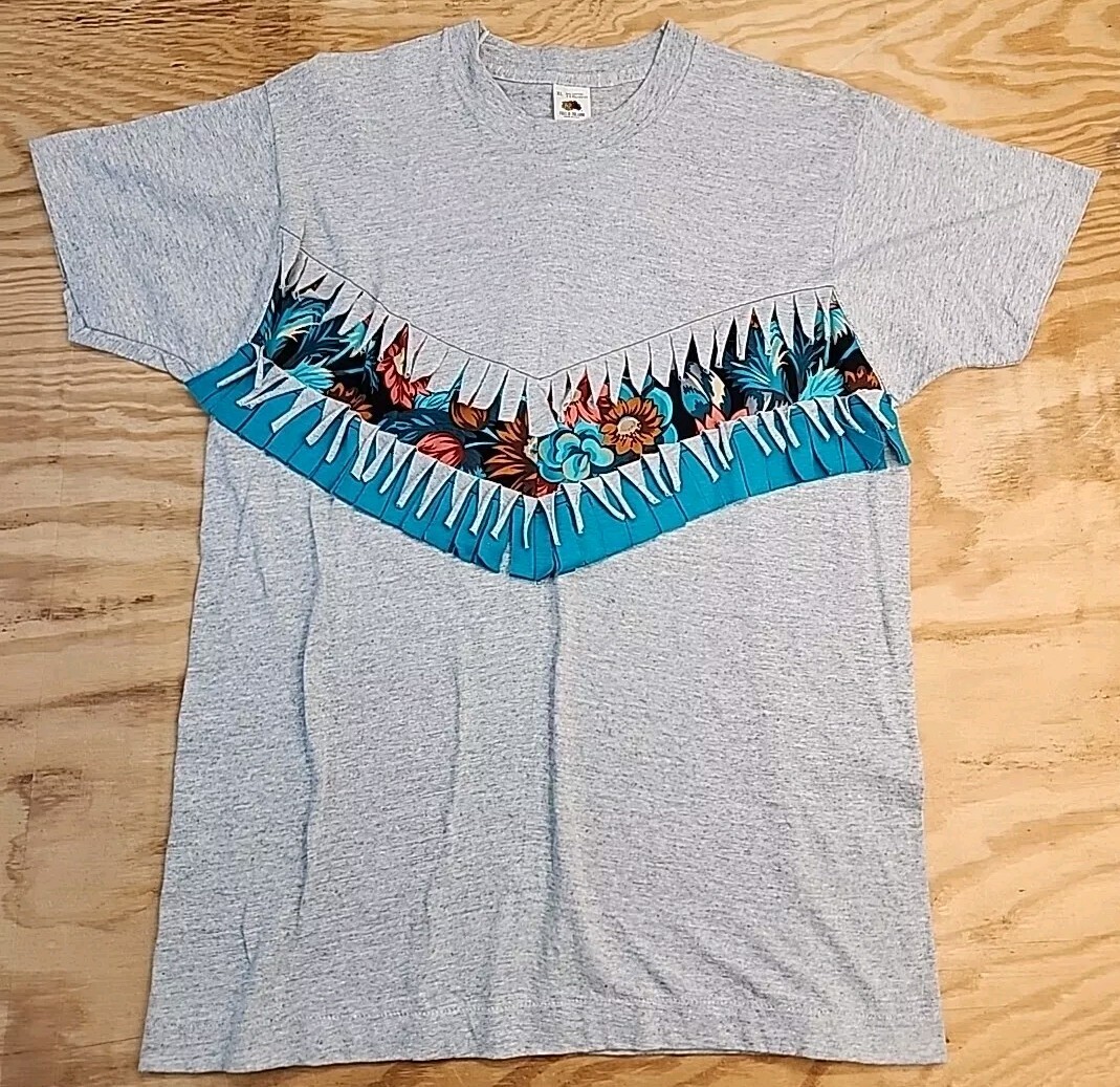 Vintage 80s Womens XL Gray Floral Fringe Single Stitch T Shirt Fruit of the Loom