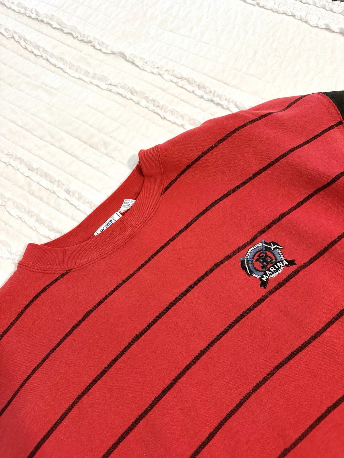 90s Embroidered Crew Neck Marina Sweatshirt Large Red Stripe Sailing Boat Y2k