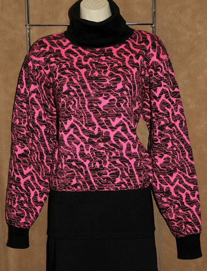 Snuggler – Black & Pink Woven WOOL Blend – Warm Cozy SKI Sweater sz M *Vintage!