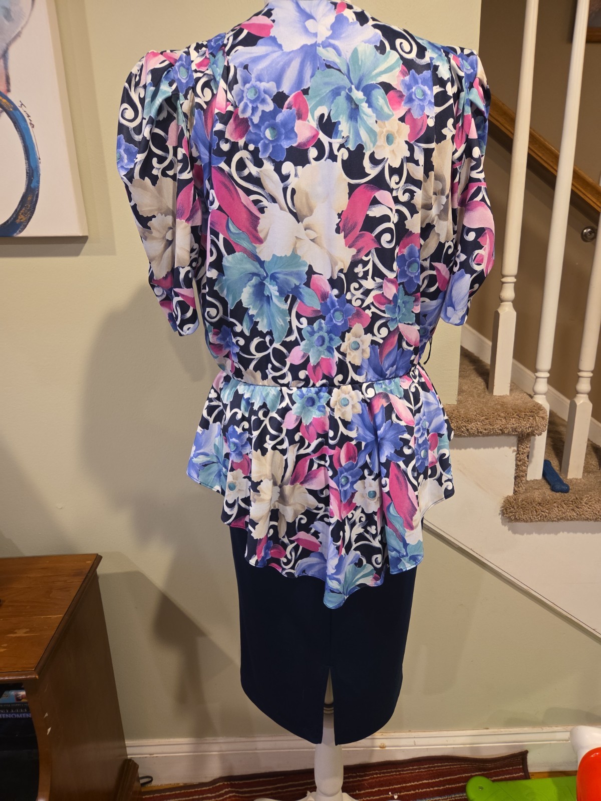 Jenny Petites Vintage floral Pop art Dress Blue Floral Puss Sleeve Pencil Skirt