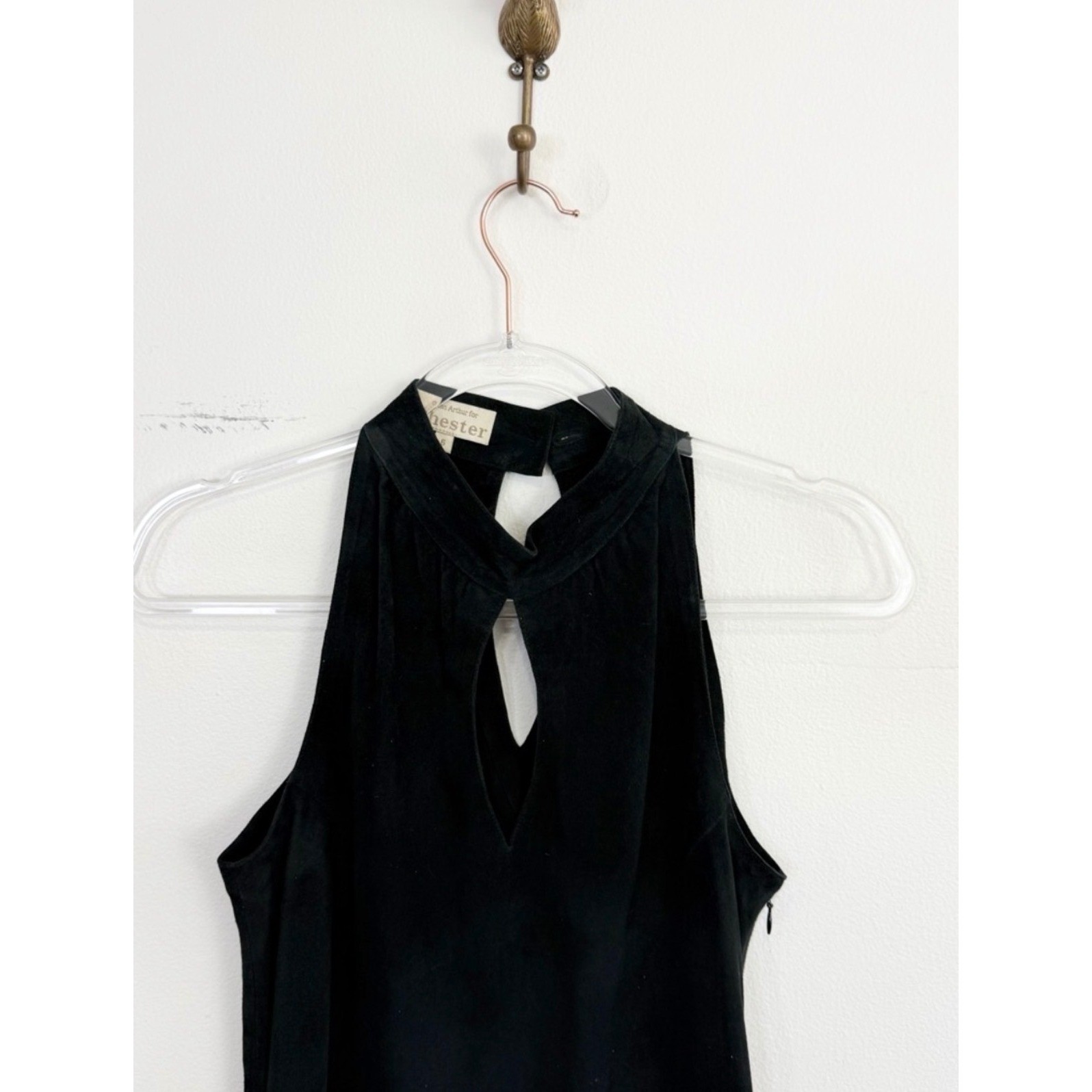 Vintage Chester Suede Dress Black Sleeveless Keyhole Mock Neck Mini Shift Size 6