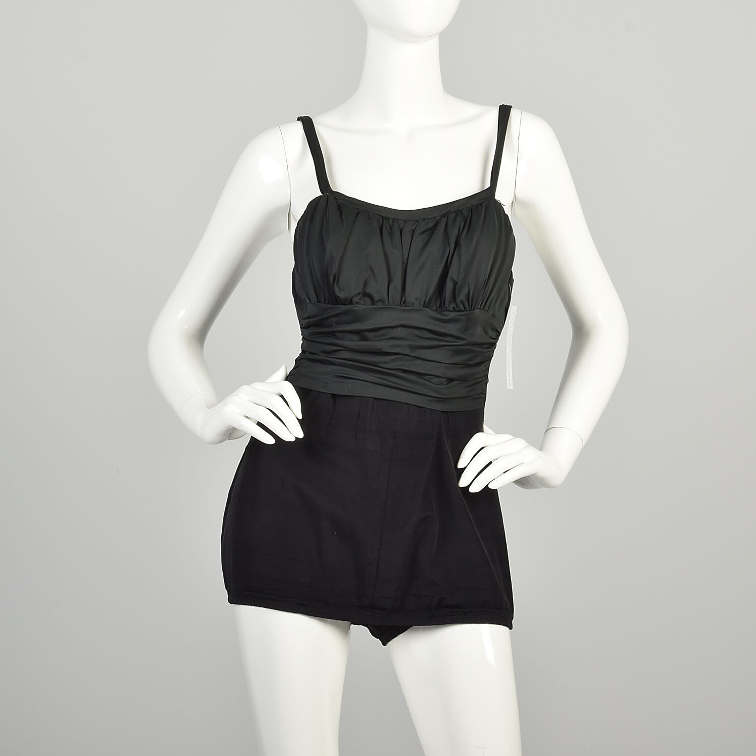 Small 1950s Black Swimsuit Pinup Bombshell Ruched Waist Gathered Bust Metal Zip