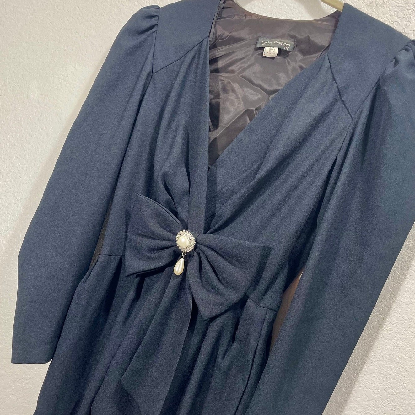 Vintage 1980s Black Satin Jumpsuit Late Edition Evening Glam Faux-Pearl Bow S/M