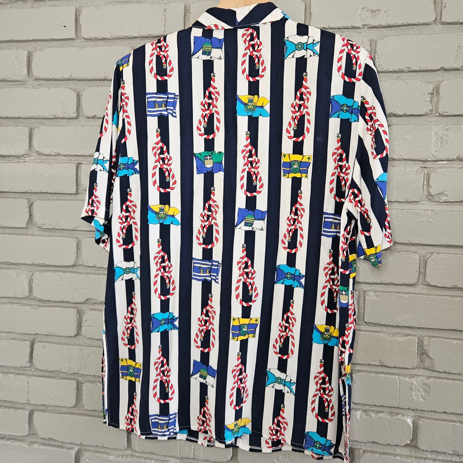 Vintage C&A Nautical Stripe Rope Flag Print Viscose Button Up Shirt Navy EUR 40