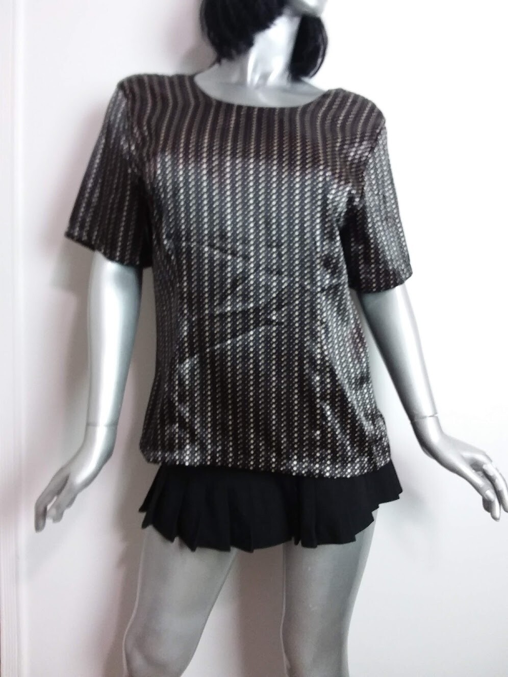 Christie & Jill Size 10 Blouse Black/Tan Polka Dots Short Sleeve Disco Vintage