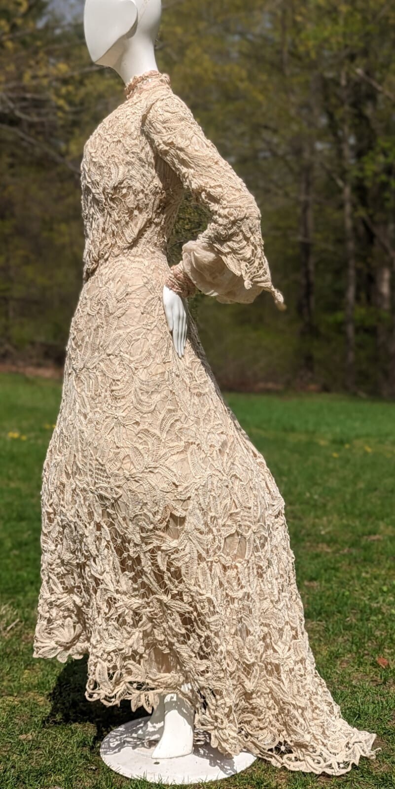 VICTORIAN HAND MADE BATTENBURG LACE DRESS W BELL SLEEVES + TRAIN