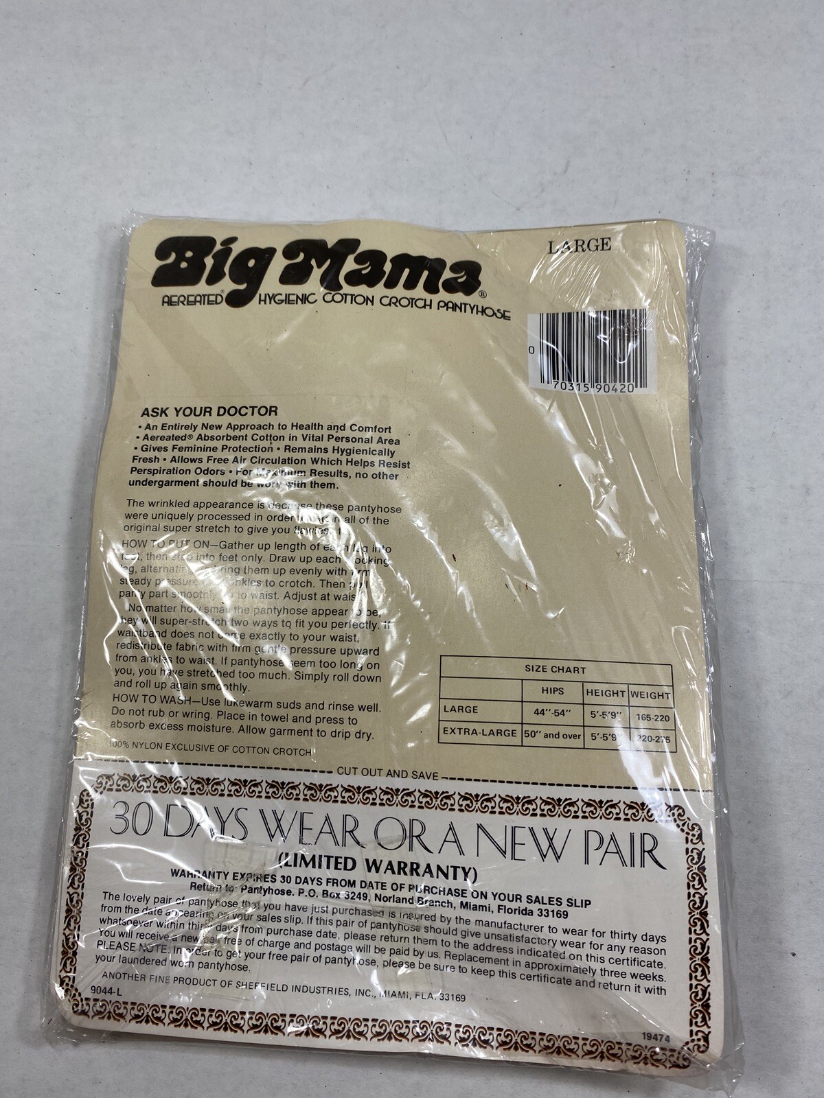 Vintage Big Mama Pantyhose Size Large Beige Beigetone New Sealed 1980 Cotton Cro