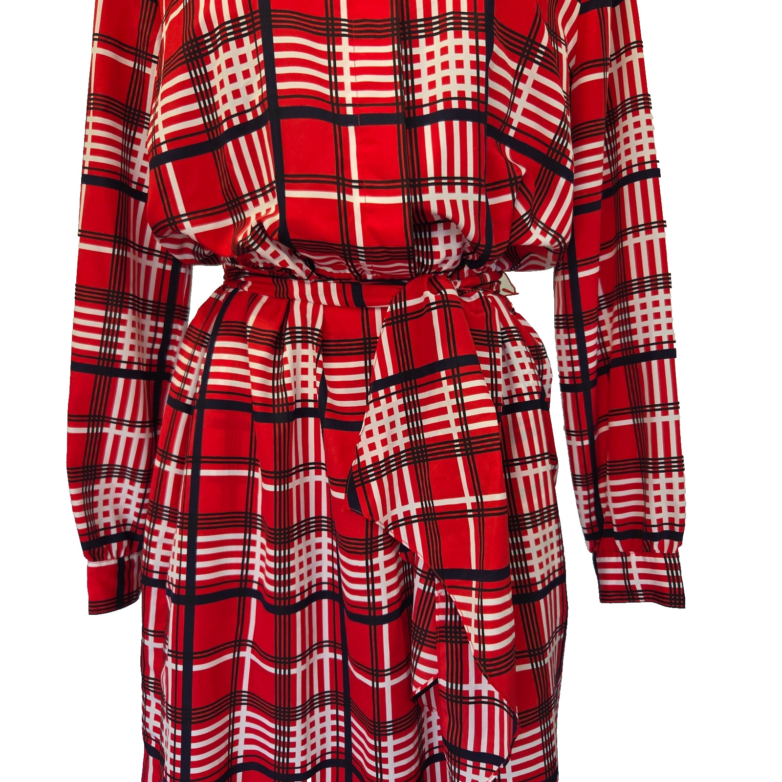 Vintage 70s Red Plaid Midi Shirt Dress Size L Tie Waist Long Sleeve Tartan