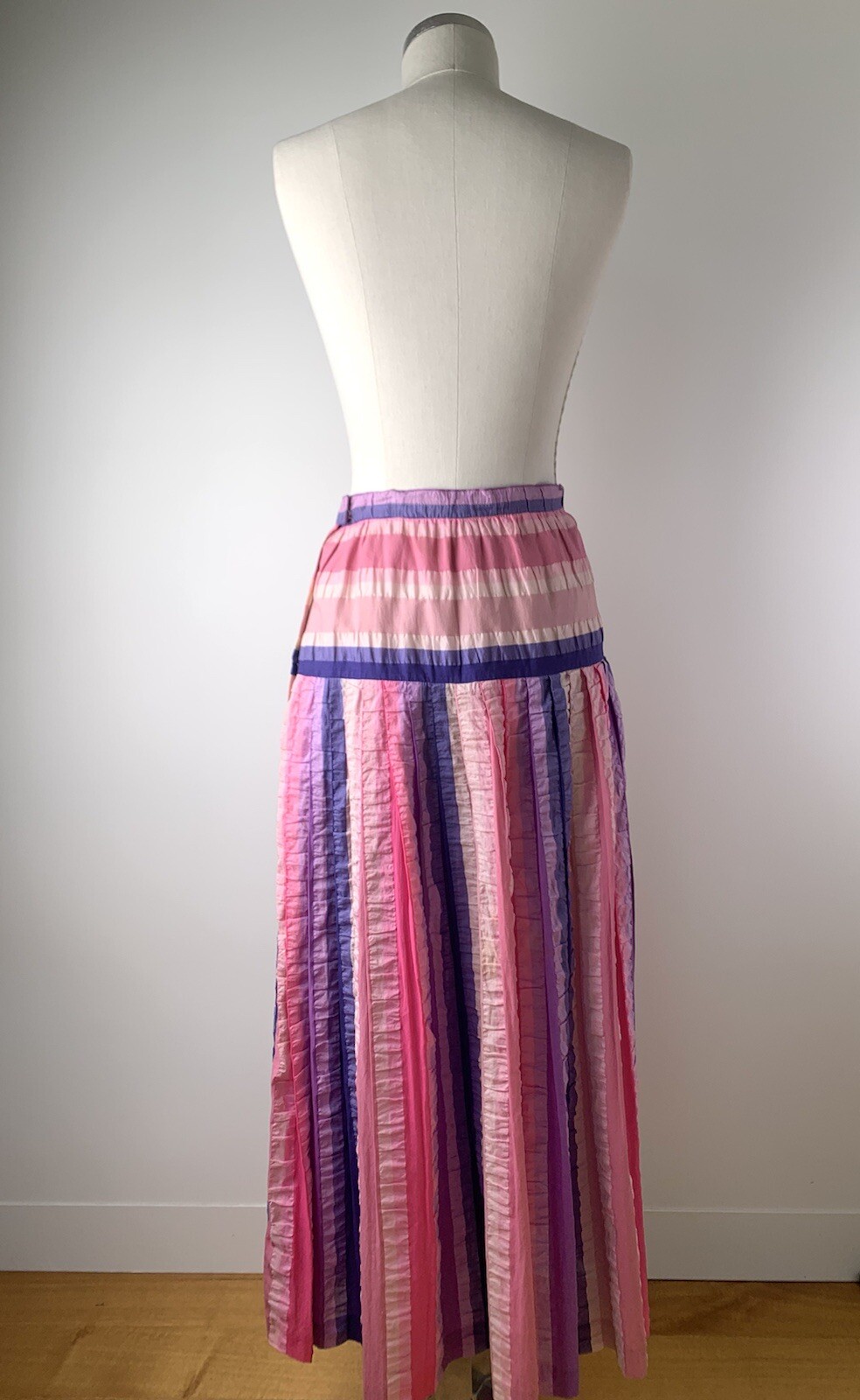 Vintage 1970s Maxi Skirt Madras Seersucker Pastel Rainbow Stripe Handmade S/M