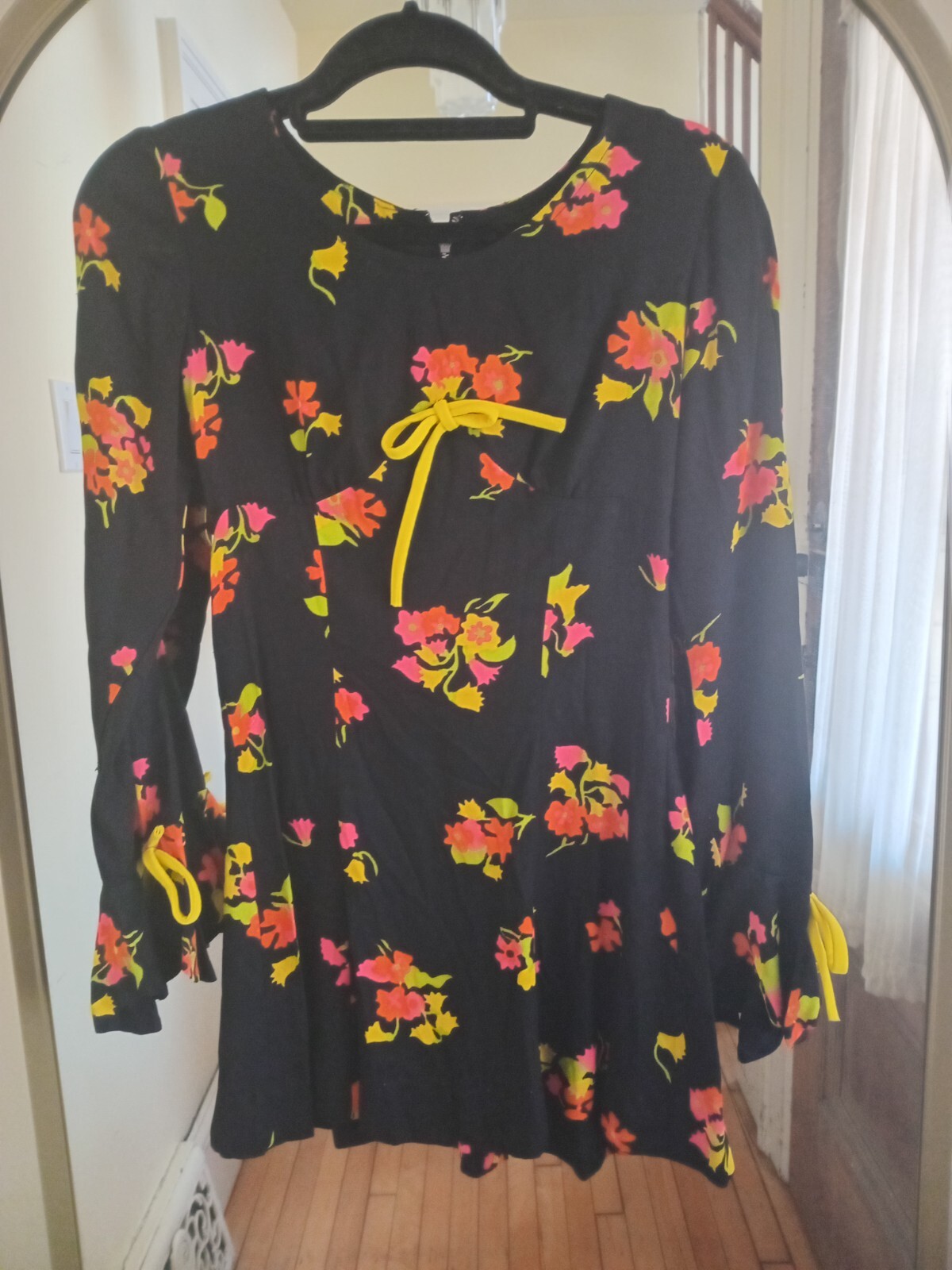 Vintage 60s Black Neon Pink Yellow Floral Mini Dress Mod Go Go Hippie Rare S