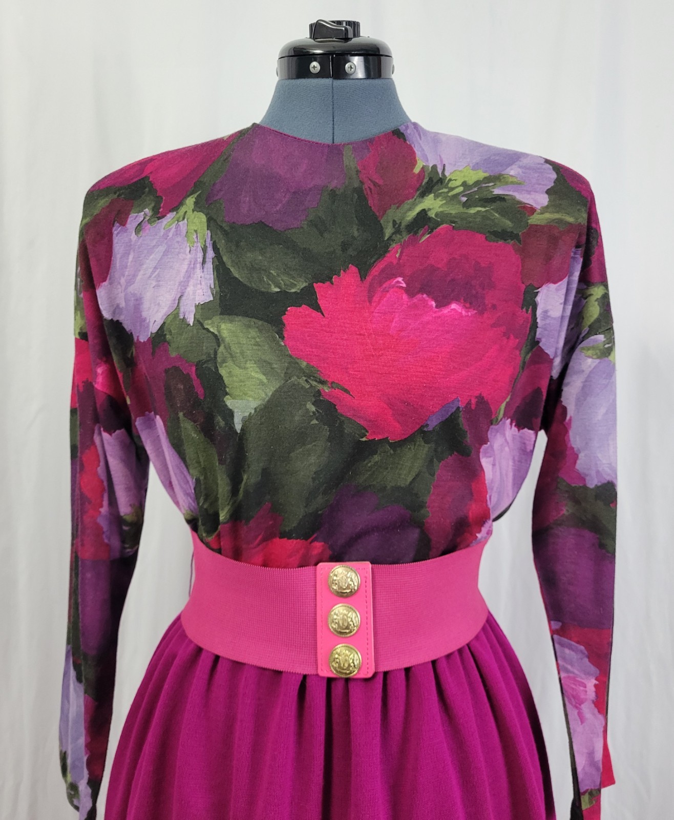 Vintage EJM Petites Pink/Purple/Green Floral Top w Magenta Skirt Size 6P