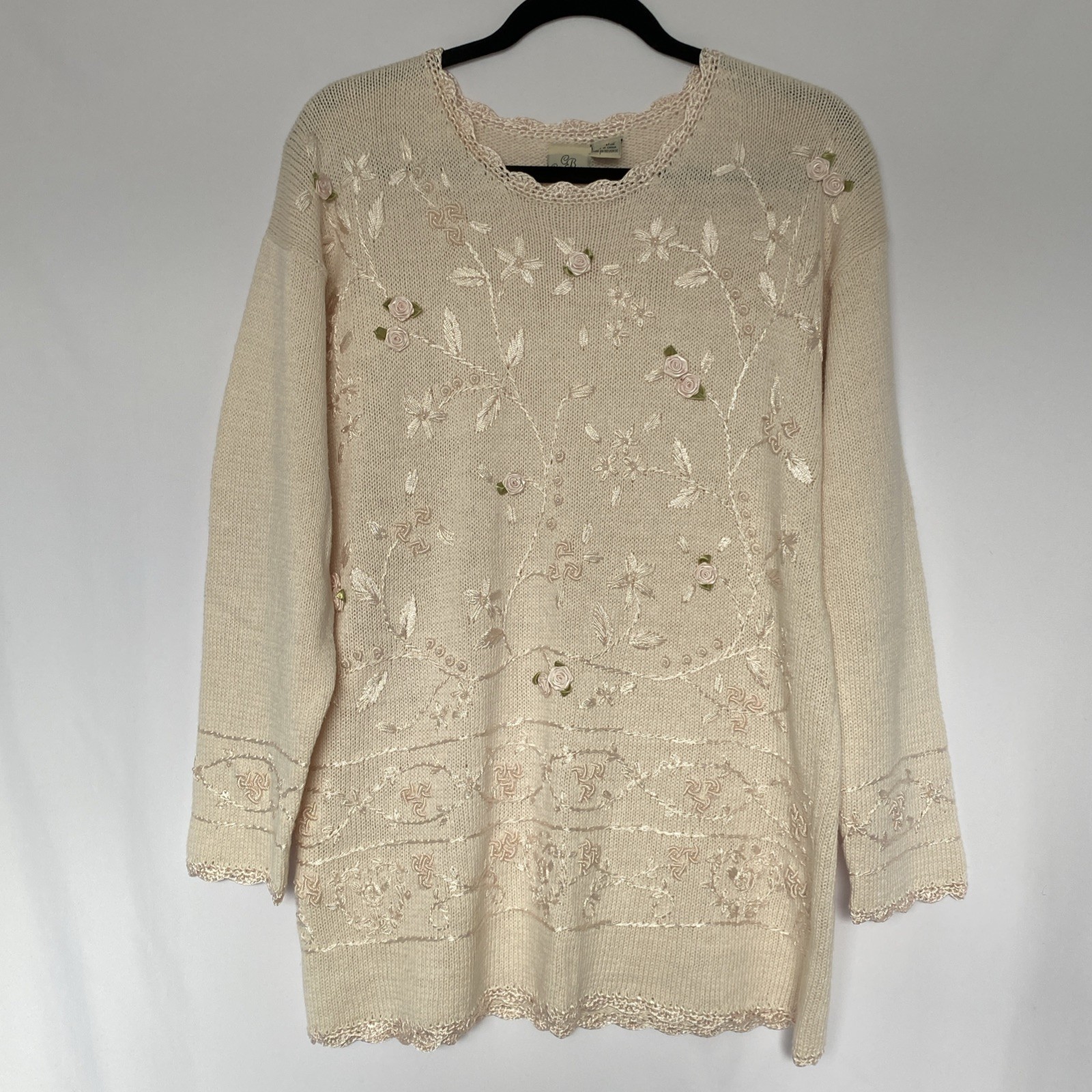 Cacade Blues Vintage Pink Floral Embroidered Sweater Women Size M