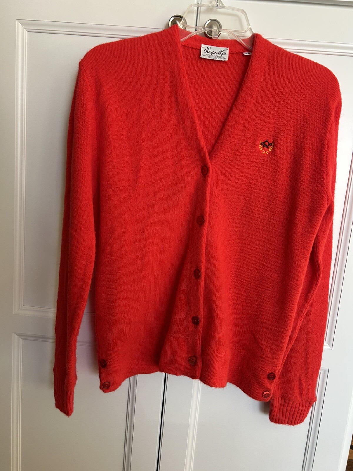 Vintage 60s Haymaker Red Brookside Crest Cardigan Size 38