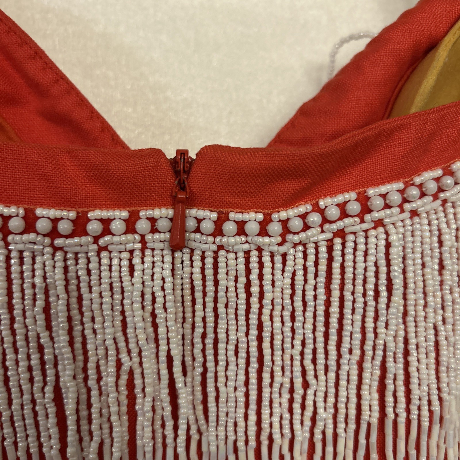 Vintage Pia Rucci Dress Red Linen Short White Beads Fringe Party 10 Medium 6/8
