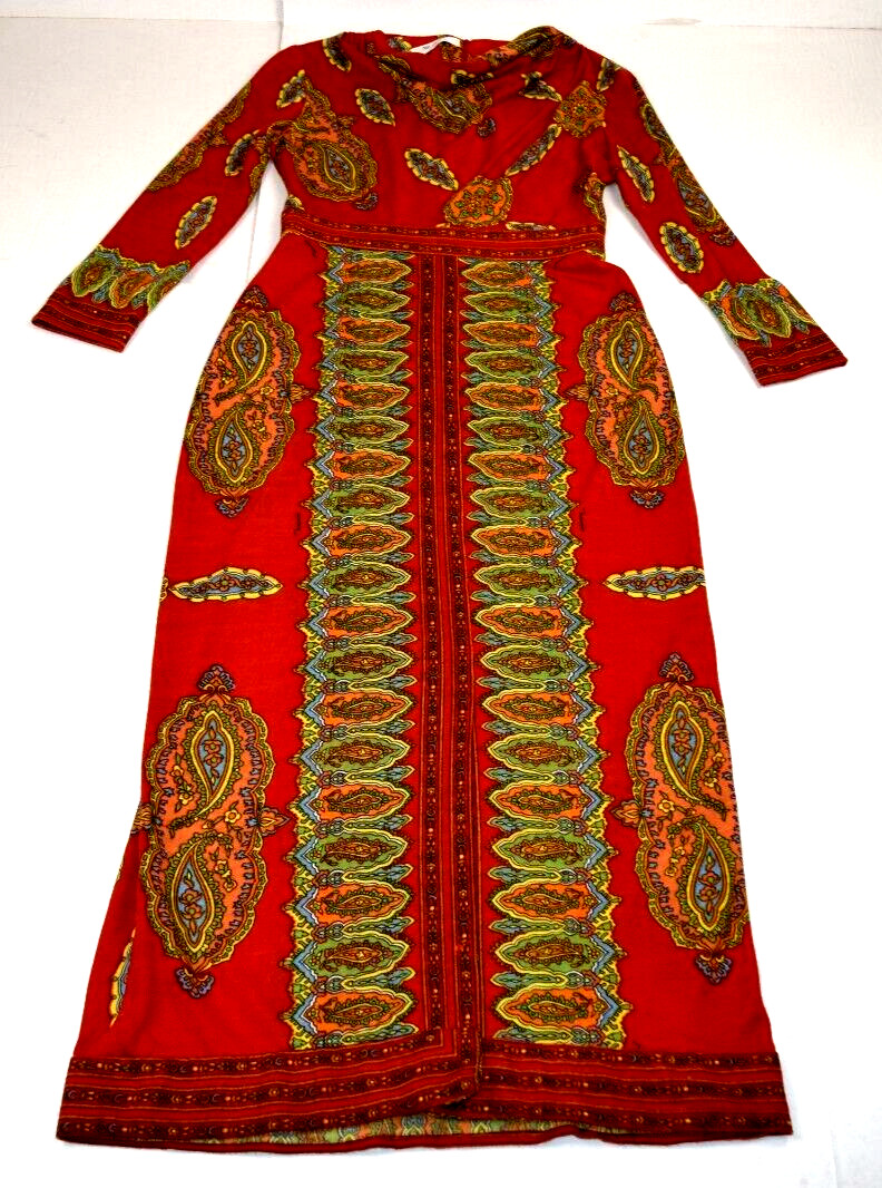 Vintage Maxi Dress Maurice Siz S/M 60s Rusty Orange Kaleidoscopic Print Back Zip