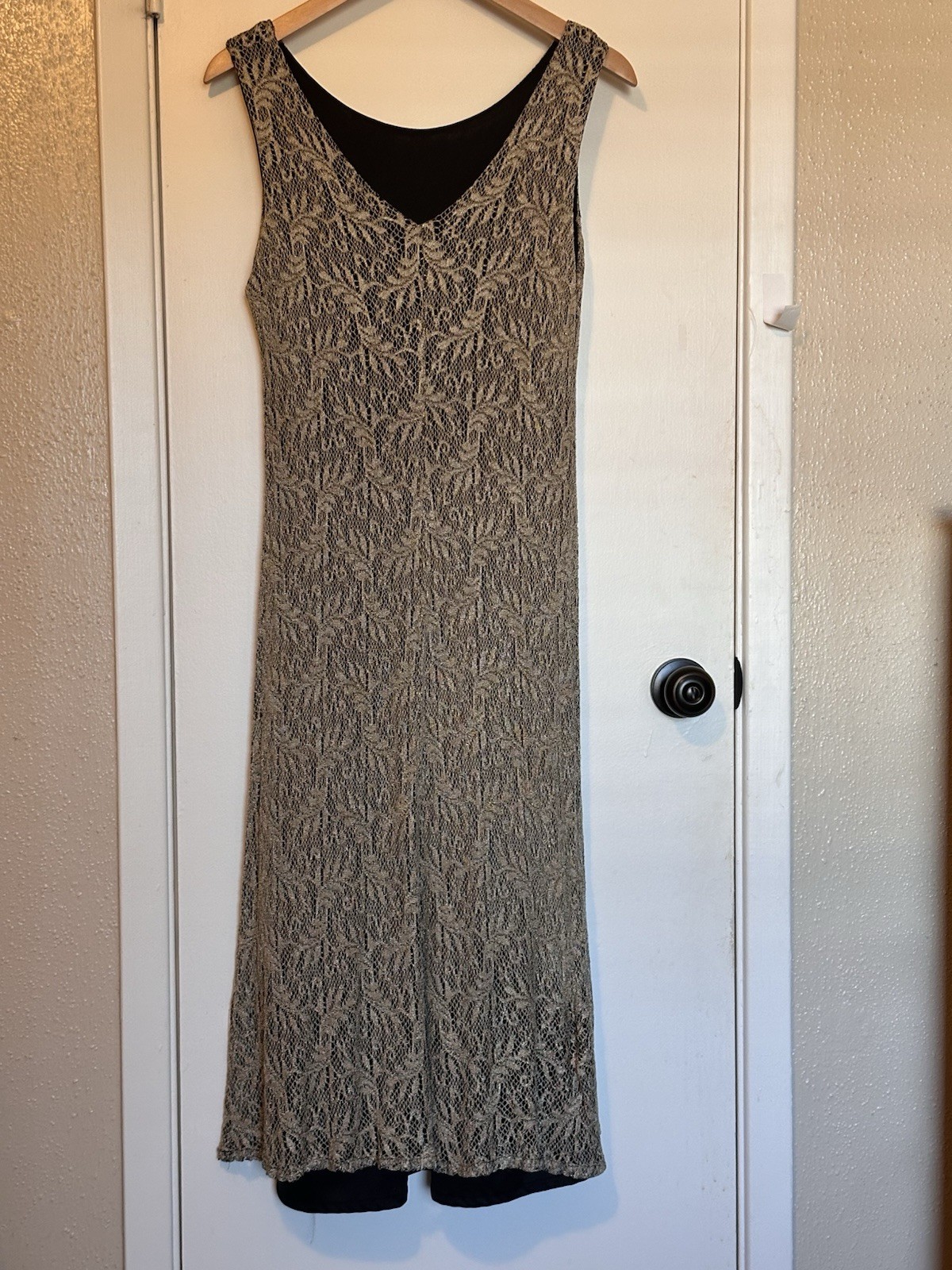 Vintage 90s Metallic Gold Lace Black Lined Dress Size 14 Made in USA