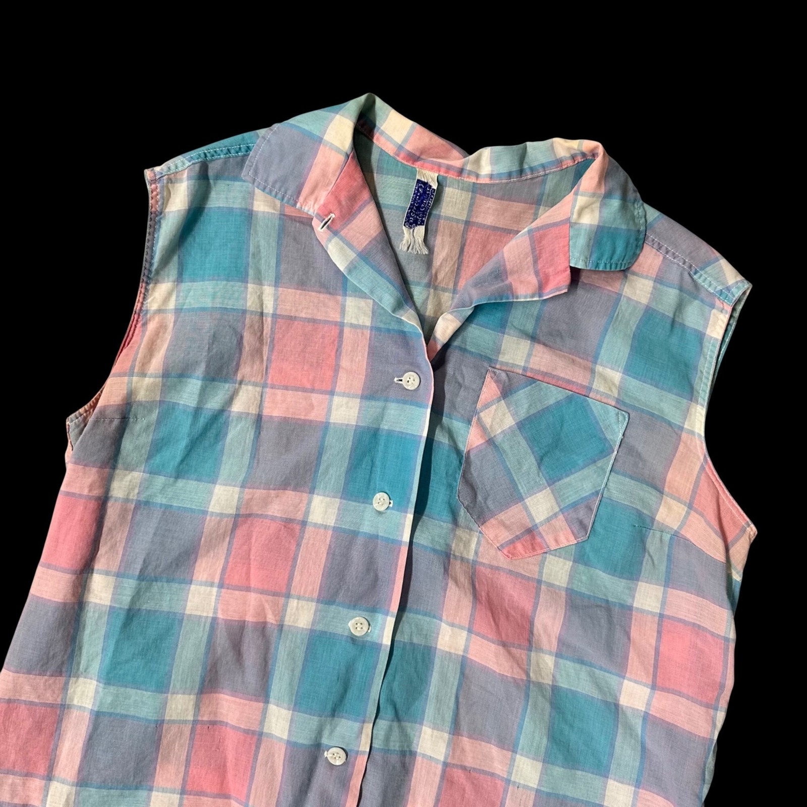 Vintage Sleeveless Plaid Button Up Shirt 1950s Sears Kerrybrooke USA Pink Blue