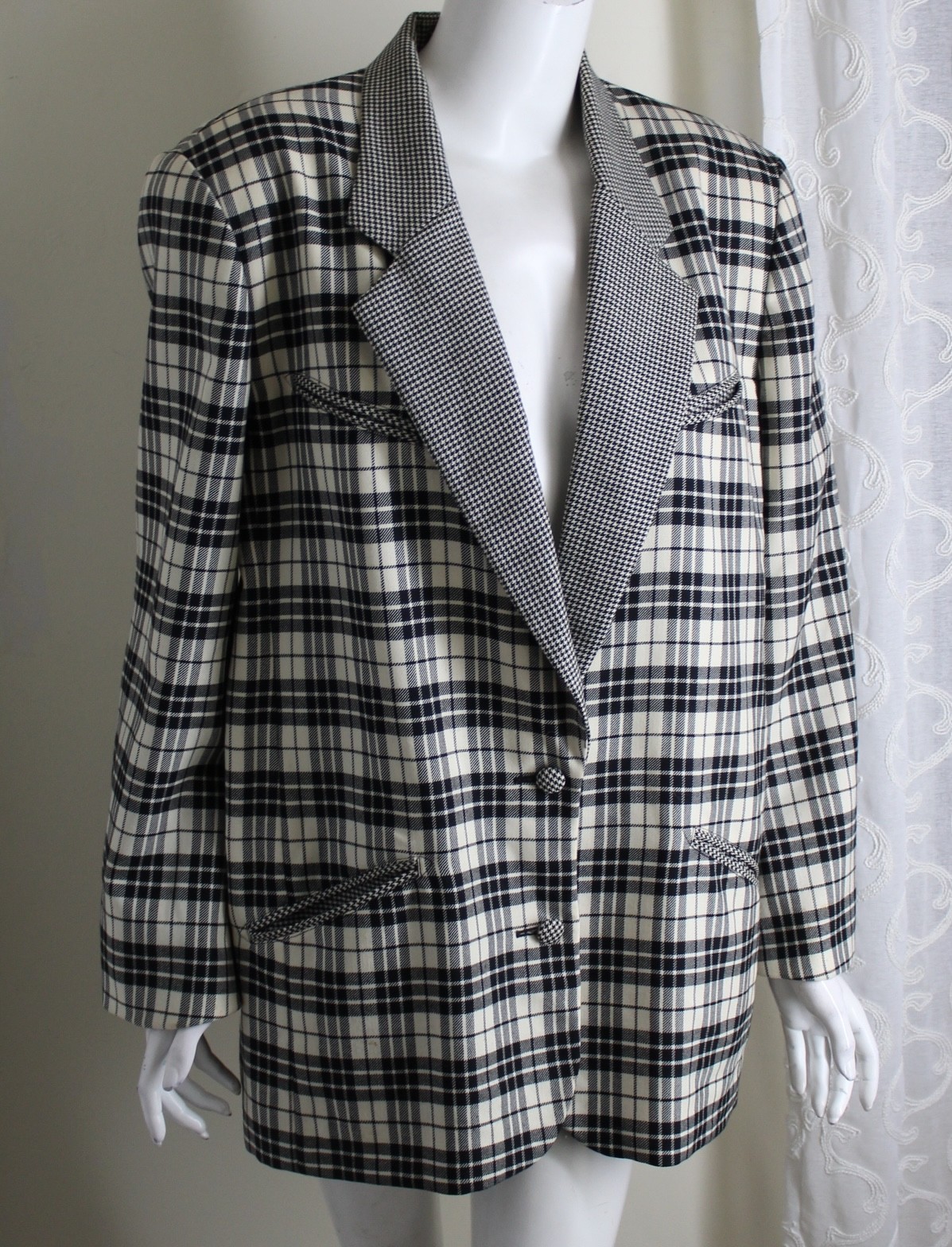 ALFRED SUNG Sz 12 vtg 80s 90s Mis-Matched Plaid Fine Woven Wool Blazer Jacket L