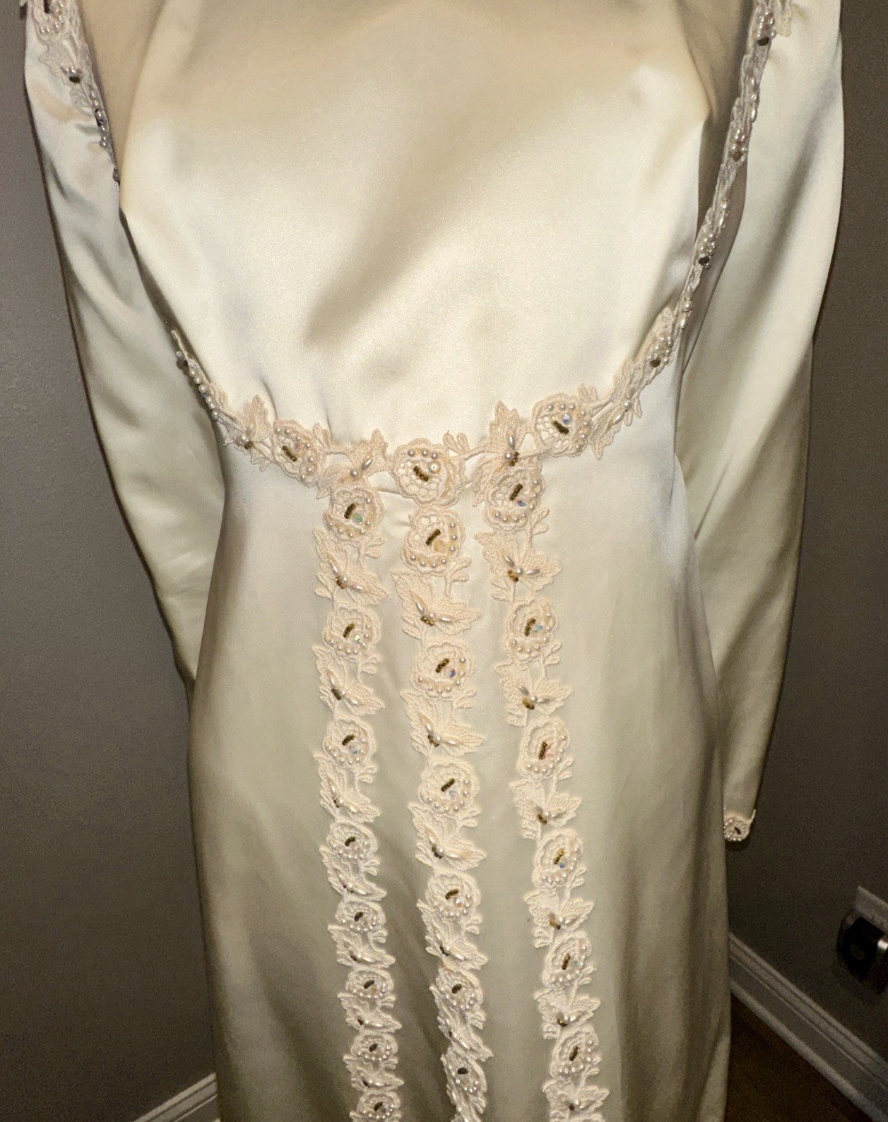 1970’s Pearls-Lace-Satin Bohemian Wedding Gown Angelair By Monika Sz 12 See Meas