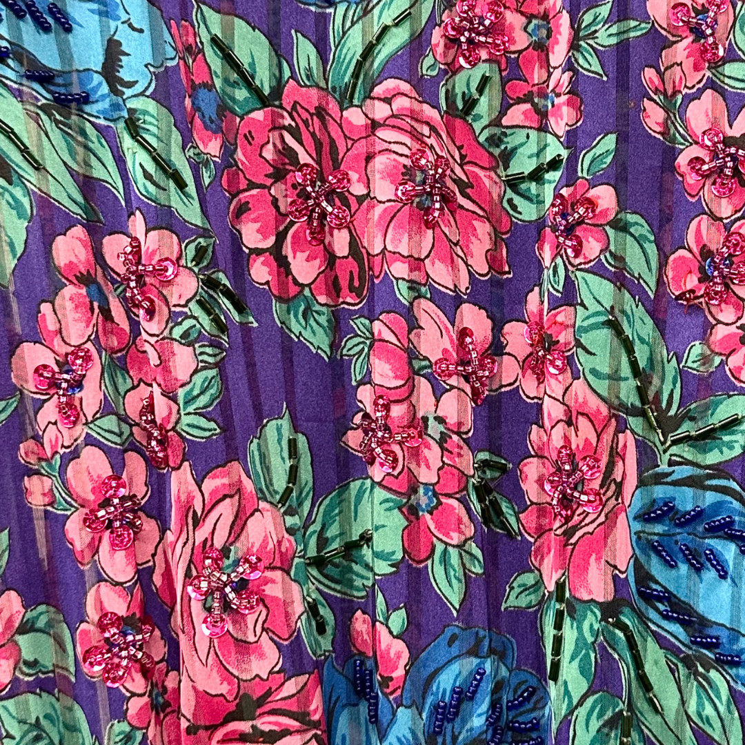 Vintage 1980s Diane Freis Beaded Purple Floral Midi Dress with Balloon Sleeves