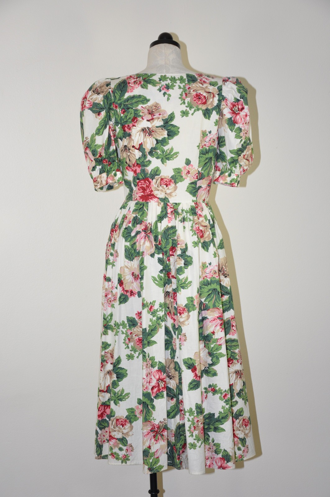 80s Vintage Pink Green Hibiscus Floral Puff Sleeve Romantic Midi Dress Women M L